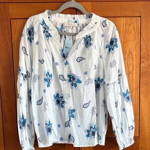 LOFT White Blouse with Blue Floral Pattern